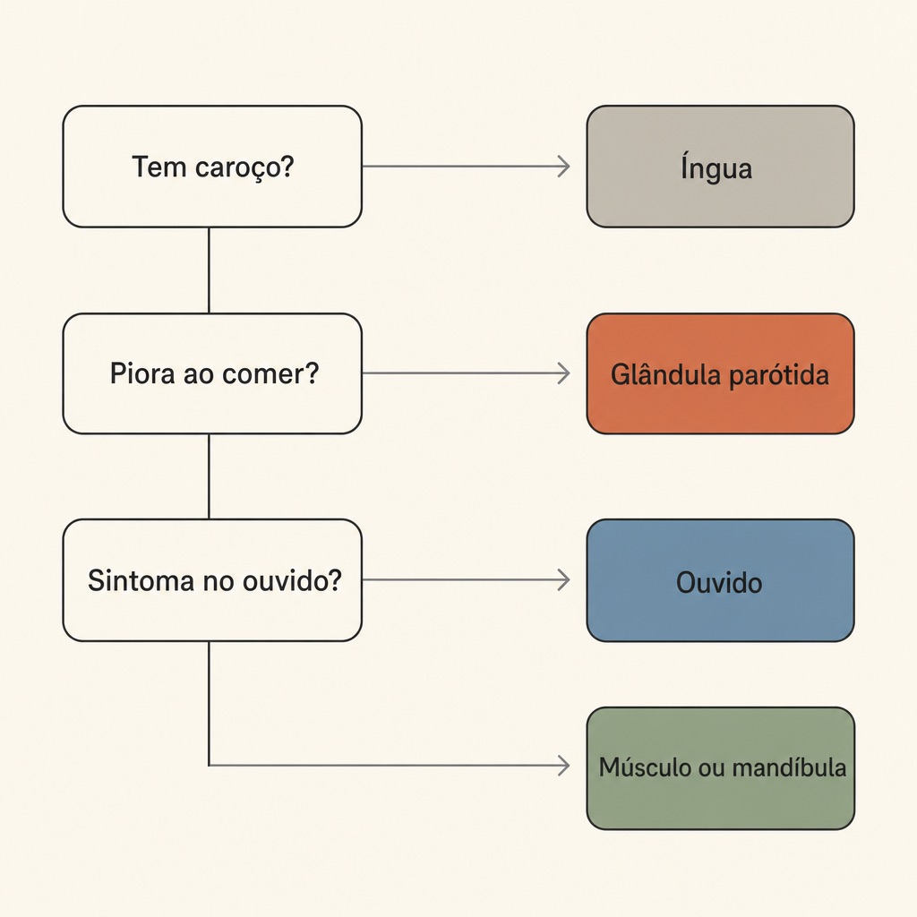 Diagrama com três perguntas, tem caroço, piora ao comer e sintoma no ouvido, que levam às quatro causas mais comuns de dor abaixo da orelha: íngua, glândula parótida, ouvido e músculo ou mandíbula.